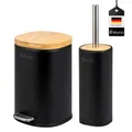 Produktbild: eluno Badezimmer Zubehör Set FRAMURA 2tlg. bestehend aus 1 Kosmetikeimer mit Soft-Close Deckel und 5 Liter Fassungsvermögen und 1 WC-Garnitur, aus Metall mit Bambusdeckel (Schwarz)