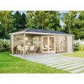 Produktbild: Alpholz 5-Eck Gartenhaus Liwa mit Anbau 28mm Unbehandelt 714 cm x 302 cm