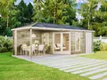 Produktbild: Alpholz 5-Eck Gartenhaus Liwa mit Anbau aus Holz in Naturbelassen mit 28mm Wandstärke und Überdachter Terrasse