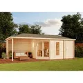 Produktbild: 5-eck Gartenhaus Liwa Mit Anbau Gartenhaus Aus Holz, Holzhaus Mit 28 Mm Wandstärke Inklusive Terrasse, Blockbohlenhaus Mit Montagematerial - Alpholz