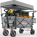 Produktbild: TRESKO® Bollerwagen Faltbar mit Dach Grau, Kühlfach & Seitenrollos Handwagen max. belastbar bis 150kg Transportwagen mit Vollgummireifen &