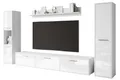 Produktbild: MINIO go for it - Wohnwand Wohnzimmer 4-teilig Toga, Wohnzimmer Möbel Set, 1x TV Lowboard, 2X Hochschrank, 1x Wandboard, Wohnzimmermöbel Komplett, Wohnzimmer Set - Farbe Weiss Matt/Weiss Hochglanz