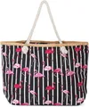 Produktbild: styleBREAKER Große Strandtasche mit Flamingo Print und Streifen Design | Damen Shopper mit Kordelhenkel und Reißverschluss | Badetasche mit Bast-Detail | 58 x 37 x 13 cm