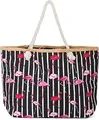Produktbild: styleBREAKER Große Strandtasche mit Flamingo Print und Streifen Design | Damen Shopper mit Kordelhenkel und Reißverschluss | Badetasche mit Bast-Detail | 58 x 37 x 13 cm, Farbe:Schwarz-Weiß