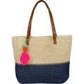 Produktbild: styleBREAKER Damen Bast Strandtasche 45 x 13 x 46 cm mit Reißverschluss | Zweifarbige Korbtasche mit Quaste | Flechttasche mit langen Henkeln für... - Beige