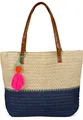 Produktbild: styleBREAKER Damen Bast Strandtasche 45 x 13 x 46 cm mit Reißverschluss | Zweifarbige Korbtasche mit Quaste | Flechttasche mit langen Henkeln für Strand & Shopping, Farbe:Beige-Dunkelblau