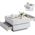 Produktbild: SEEDWAVE Couchtisch mit 360° drehbarer Ober-Tischplatte, 60x60 cm Sofatisch in Weiß, modern und quadratisch, mit 2 grifflosen Schubladen, Wohnzimmertisch mit Stauraum