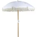 Produktbild: Sonnenschirm Weiß Stoff-bespannung Rund ⌀ 150 Cm Mit Volant Regenschutz Holzmast Neigungsfunktion Kurbel Boho Garten Outdoor Balkon Terrasse
