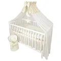 Produktbild: Bello24 - 13 Teiliges Babybett Kinderbett und Bettwäsche komplett Set Happy Leo inkl. Matratze höhenverstellbar für Neugeborene Babys und Kleinkinder aus Massivholz Bestickt (Teddybär Mond Hellbeige)