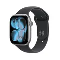 Produktbild: Apple Watch Series 11 GPS 46 mm Smartwatch mit Aluminiumgehäuse in Space Grau und Sportarmband in Schwarz (S/M). Schlafindex, Fitnesstracker, Gesundheitstracking, Always-On Display, Wasserschutz