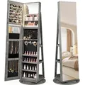 Produktbild: COSTWAY Schmuckschrank, Spiegelschrank 360° drehbar mit LED, Ganzkörperspiegel, Schmuck-Organizer abschließbar, Schmuckaufbewahrung, Grün - Grün