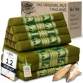 Produktbild: livasia Thaikissen 3 Auflagen Thaiseide - 175x55x8cm - Dreieckskissen mit Klappmatratze, Rückenkissen faltbar, Thaimatte zum Klappen, Kapok handgefertigt, Meditationskissen (Grün/Elefanten Seide)
