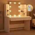 Produktbild: CASARIA® Schminktisch mit Spiegel LED Beleuchtung Fernbedienung Schublade Beleuchtet Organizer Weiß Frisiertisch Ablagen 110x40cm Kosmetiktisch Holz - Weiß