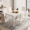 Produktbild: Mondeer Esstisch mit 6 Stühlen Set, Essgruppe mit Hochlehner Kunstleder Stuhl für Küche Esszimmer Wohnzimmer, W138 x D90 x H75 cm, Weiß