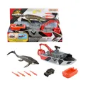 Produktbild: Matchbox Spielzeugauto-Set, Jurassic World 32 cm Dino-Boot mit 33 cm Mosasaurus-Dinosaurier, Die-Cast-Jeep im Maßstab 1:64, Harpunen-Geschosse und abnehmbares Rettungsboot