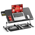Produktbild: Laptoptisch Betttisch, SAIJI 100% E0 Eco Holzplatte Verstellbarer Betttisch, mit Schublade, klappbare Beine, 40kg Belastung, Tischplatte aus PVC-Leder Lesen,Essen für Bett und Sofa