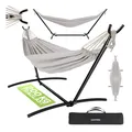 Produktbild: GARMIO Hängematte beige mit Stahlgestell 270 x 110 x 105 cm, 200 kg Tragkraft, klappbar, pflegeleicht, inkl. Zubehör & Tragetasche für Garten & Balkon