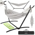 Produktbild: GARMIO® Hängematte beige mit Stahlgestell 270 x 110 x 105 cm, 200 kg Tragkraft, klappbar, pflegeleicht, inkl. Zubehör & Tragetasche für Garten & Balkon