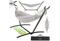 Produktbild: GARMIO Hängematte mit Gestell, 200kg Belastbarkeit, 270x110x105cm (inkl. Zubehör & Tragetasche, mit Kordeln, in Beige, mit Stahlgestell, klappbar), Pflegeleicht, 270 x 110 x 105cm