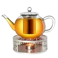 Produktbild: Creano Teekanne aus Glas 1,6l + EIN Stövchen aus Edelstahl, 3-teilige Glasteekanne mit integriertem Edelstahl Sieb und Glasdeckel, ideal zur Zubereitung von losen Tees, tropffrei