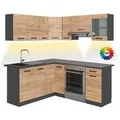 Produktbild: Vicco Rick Eckküche Anthrazit/Goldkraft Eiche 187 x 167 cm AP Schwarz mit LED-LeistenRick ohne E-Geräte