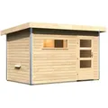 Produktbild: Karibu Gartensauna Pultdach Saunahaus Skrollan 1 mit Vorraum-Ohne Ofen-Moderne Saunatür (Klarglas) inkl. 10-teiligem gratis Saunaset im Wert von 232,94 €