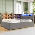 Produktbild: STILVORA Schlafsofa 140x200cm Daybett mit LED Leuchten & Steckdosen,Kinderbett mit vielen Ablagefächern,Beige(ohne Matratze)