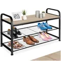 Produktbild: tectake 800951 Schuhregal mit Sitzfläche, Schuhbank aus Holz und Metall, Industrie-Design, 3 Ebenen mit 2 Gitterablagen, 91 x 36 x 55 cm, schwarzes Metallgestell (Hellbraun | Nr. 404286)