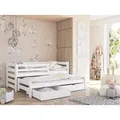 Produktbild: Einzelbett 90x200 mit Rausziehbett 90x190 mit zwei Schubladen, Rausfallschutz und Lattenrosten, Vollholz massiv in weiß, Kinderbett Funktionsbett ... - Weiß