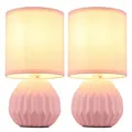 Produktbild: Tischlampe pink Keramik Nachttischlampe Tischleuchte Beistelllampe Wohnzimmerlampe Textil, 1x E14, DxH 12 x 23 cm, 2er Set