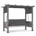 Produktbild: M MCombo 3-Sitzer Pergola Hollywoodschaukel mit Liegefunktion & Gartenpavillon, Gartenschaukel mit Ausziehbarem Sonnendach, 8CM Extradickem Sitzkissen