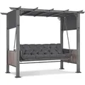 Produktbild: M Mcombo 3-sitzer Pergola Hollywoodschaukel Mit Liegefunktion & Gartenpavillon, Gartenschaukel Mit Ausziehbarem Sonnendach, Schaukelbank 4067 (grau)