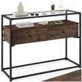 Produktbild: tectake® Konsolentisch schmal, Regal Kommode mit Glasplatte + Schubladen, 101,5x41,5x80,5cm, Sideboard mit 2 Ablagen, Beistelltisch, Wohnzimmer Möbel, Flur Möbel, Industrial Dunkelbraun