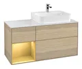 Produktbild: Villeroy & Boch Finion Waschbeckenunterschrank für Becken rechts Regal links für Finion / Memento 2.0 3 Auszüge mit Beleuchtung (1x LED) 1200 x 603 x 501 mm - Oak Veneer / Gold Matt Lacquer / Glass White Matt - F141HFPC