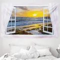 Produktbild: ABAKUHAUS Küsten Wandteppich und Tagesdecke, Open Window Sonnenaufgang Meer aus Weiches Mikrofaser Stoff Waschbar ohne Verblassen Digitaldruck, 230 x 140 cm, Gelb Blau