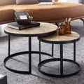 Produktbild: FineBuy Couchtisch 2er Set Massivholz / Metall Wohnzimmertisch Industrial Rund Beistelltisch mit Metallbeine Schwarz Tischset 2-teilig Satztisch Holz