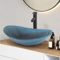 Produktbild: Puluomis Waschbecken Glas Aufsatzwaschbecken Waschschale Oval mit Wasserhahn Ablaufgarnitur Blau