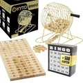 Produktbild: Kyto Bingo Spiel Trommel XXL Gold - 75 Kugeln, 18 Wiederverwendbare Bingokarten + 500 Stift-Karten, Holzspielset für Erwachsene, Kinder und Senioren