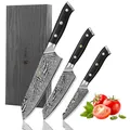 Produktbild: Wakoli Nitoko 3-teiliges Küchenmesser Set aus echtem Damaststahl (VG10 Kern) in Geschenkbox aus Holz – 2x Full Tang Kiritsuke & Allzweckmesser - scharf & ergonomisch – Damastmesser Set mit G10 Griff