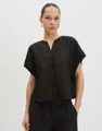 Produktbild: someday Kurzarmbluse Kragenlose Bluse aus Leinen Mix Loose Fit Kellerfalte und Knopfleiste für Alltag