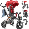 Produktbild: KIDIZ® Dreirad 6in1 Kinderdreirad mit Schubstange Lenkbar ab 9 Monaten bis 25Kg Jogger vorwärts & Rückwärtsfahrt, Korb Tasche Getränkehalter Sonnendach Gummiräder Buggy Fahrrad Baby Klappbar Rot