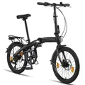 Produktbild: Licorne Bike Phoenix 2D, 20 Zoll Aluminium-Faltrad-Klapprad, Scheibenbremse, Discbremse, V-Bremse Faltfahrrad-Herren-Damen, 7 Gang Kettenschaltung - Folding City Bike, Alu-Rahmen, StVZO, Vorderlampe, Hinterlampe Farbe:Schwarz-Gold;Stil:Disc-Bremse