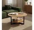 Produktbild: skølm Couchtisch Drakkar aus Massivholz Eiche mit Metallgestell, Wohnzimmertisch Ø70 cm mit 2 Ablageflächen