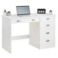 Produktbild: IDIMEX Schreibtisch Lana mit 5 Schubladen, Weiß - Bürotisch aus Massivholz im Landhausstil, klassisches Design, Bürotisch mit Muschelgriffen
