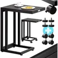 Produktbild: Beistelltisch C-Form 50x40x66cm Metallgestell wpc Holz Tischplatte 25kg Belastbarkeit mit Rollen Außen Innen Kaffeetisch Sofatisch Schwarz - Casaria