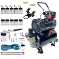 Produktbild: Andreas Dell Airbrush-Set mit 4-bar Kompressor – Airbrush- & Lackierpistolen, Komplett-Set für Tattoo, Kunst, Malerei | Nadeln & Düsen | Dual-Set mit Manometer & Luftfilter
