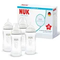 Produktbild: NUK First Choice Babyflaschen | 3+ Monate | 240 ml | Anti-Kolik-Babyflasche | Babyflaschen Babyflaschen Glas | Temperature Control Anzeige | Seepferdchen | 4 Stück