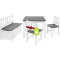 Produktbild: Bomi Kindersitzgruppe Anna mit integrierter Spielzeugkiste | Kinderzimmer-Set inkl. Kindertisch mit 2 Stühlen & Kindertruhenbank | Kindermöbel aus FSC nachhaltigem Kiefern Massiv Holz | Weiß Grau