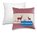 Produktbild: wometo Kissenbezug Kissenhülle 40x40 Hirsch rot mit Federkissen Füllung OekoTex - Reißverschluss Landhaus-Stil Dekokissen Zierkissen Sofakissen Stick kariert Heller Hintergrund