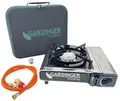 Produktbild: GARDINGER einflammiger Butangaskartuschenkocher Safety Camp Allgas mit Piezozündung Flammenüberwachung und Adapter-Schlauch